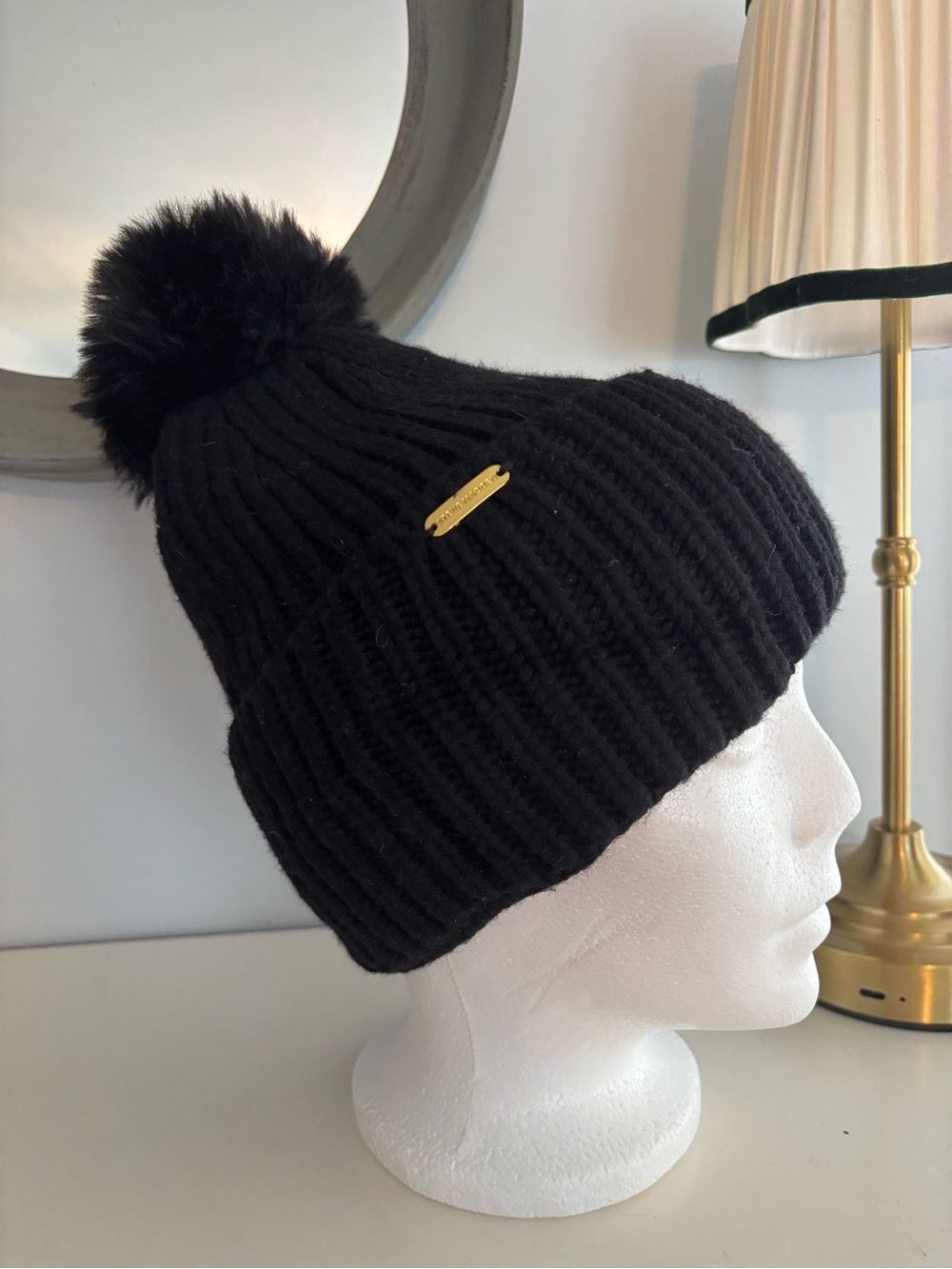 Steve Madden Black Pom Pom Ribbed Knit Beanie
